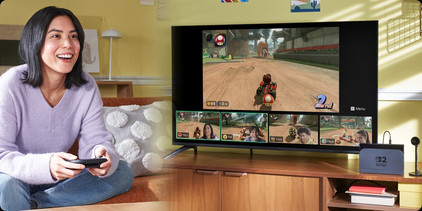 Игрок использует Nintendo Switch 2 с активированной функцией GameChat