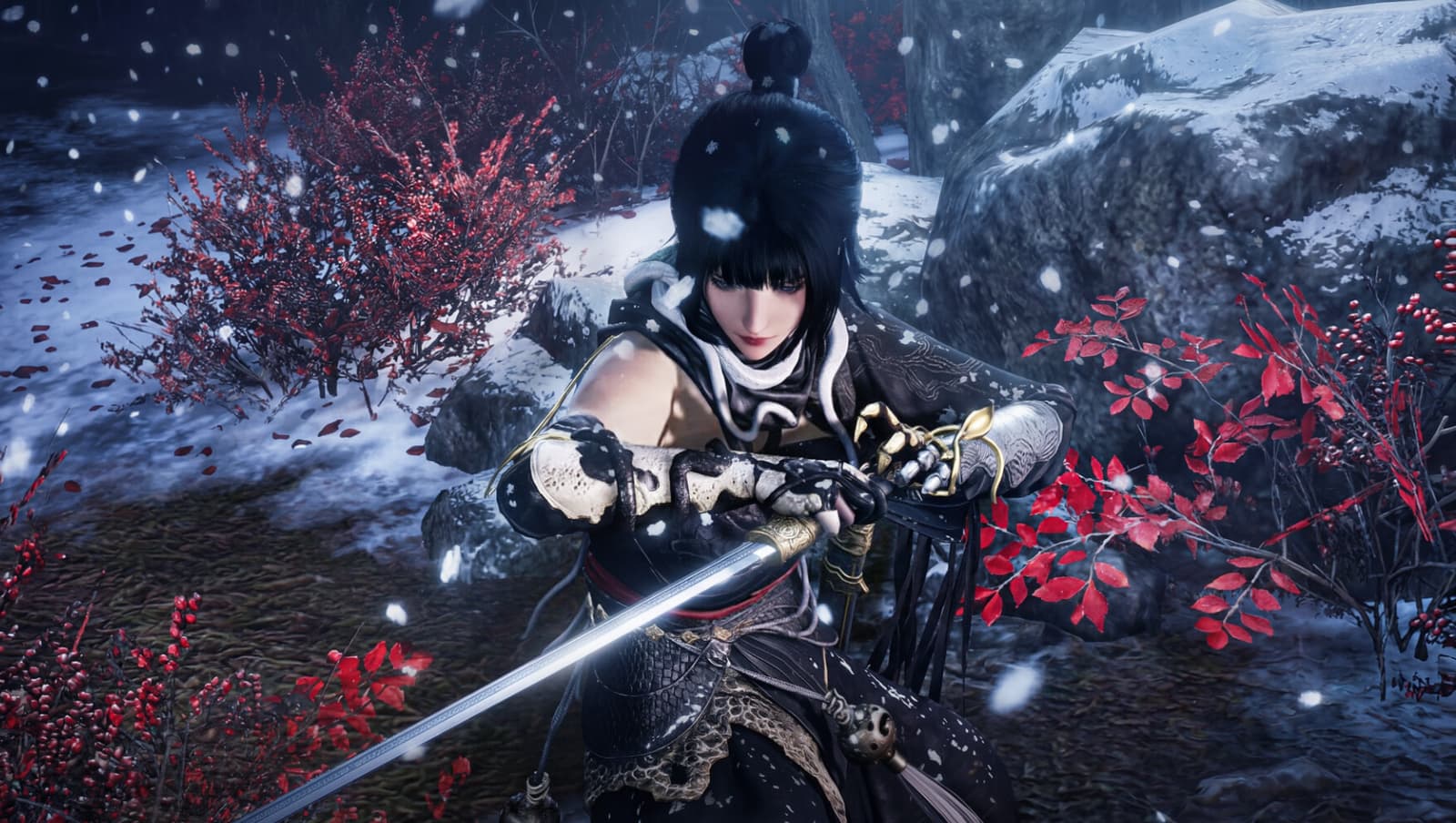 Gameplay screenshot from Where Winds Meet showing characters in a snowy environment