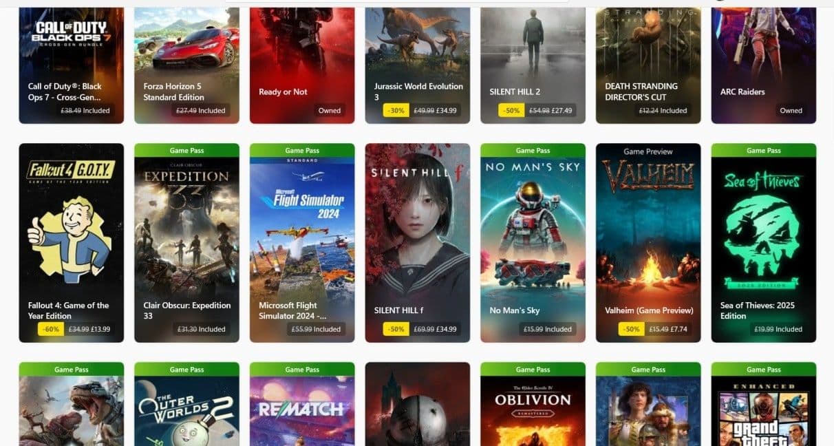 Скриншот нового дизайна магазина Xbox с прямоугольными карточками игр