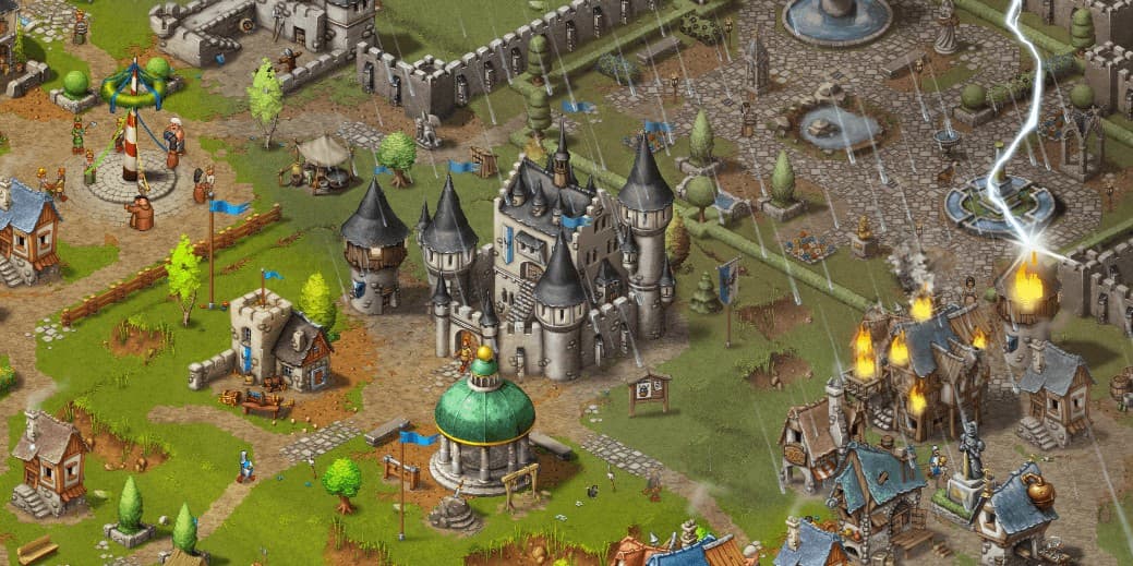 Скриншот игры Townsmen - A Kingdom Rebuilt, демонстрирующий средневековый город