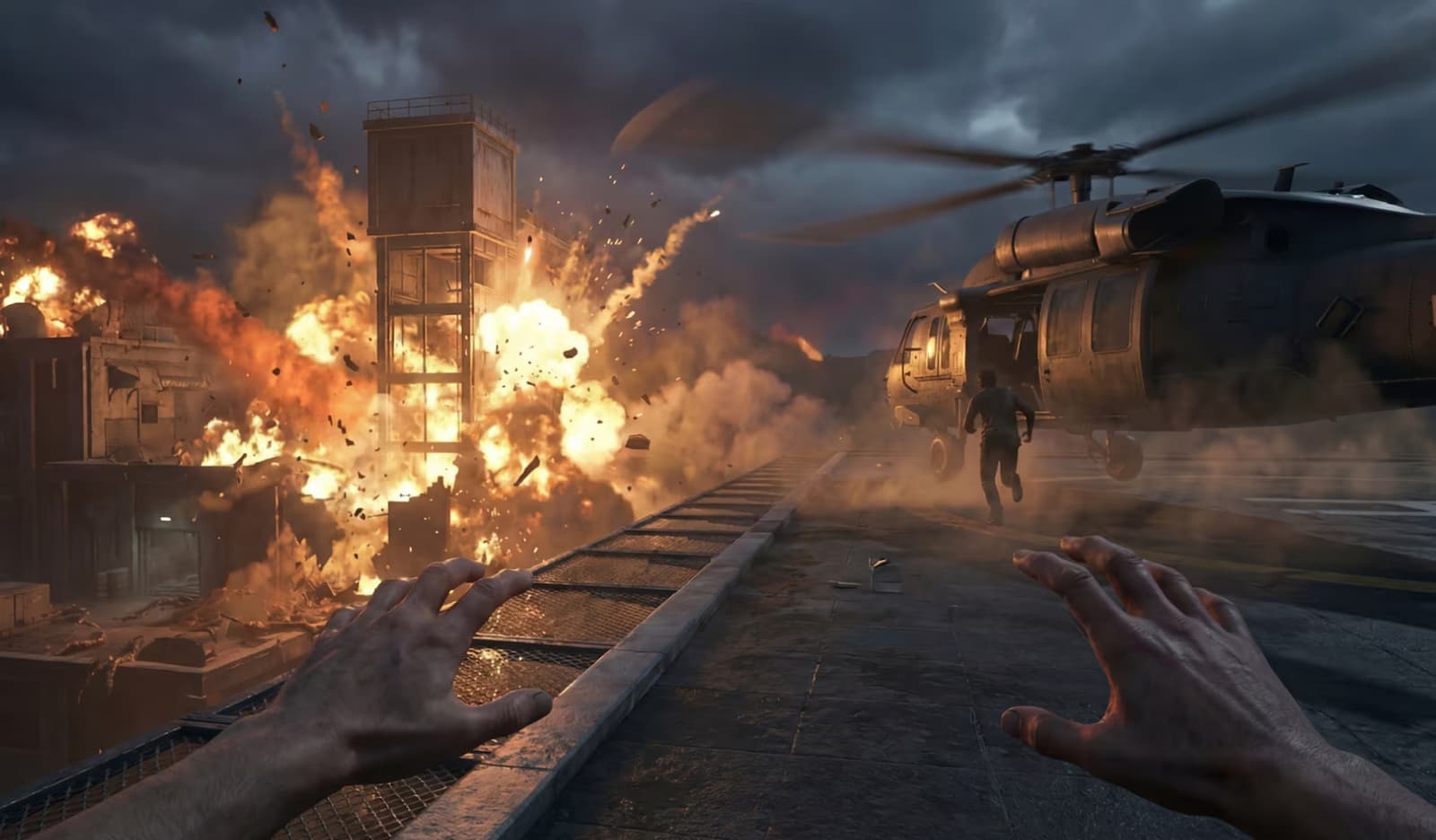 Promotional art for '28 Floors: Outbreak' showing a character strikingly similar to Nathan Drake from Uncharted.