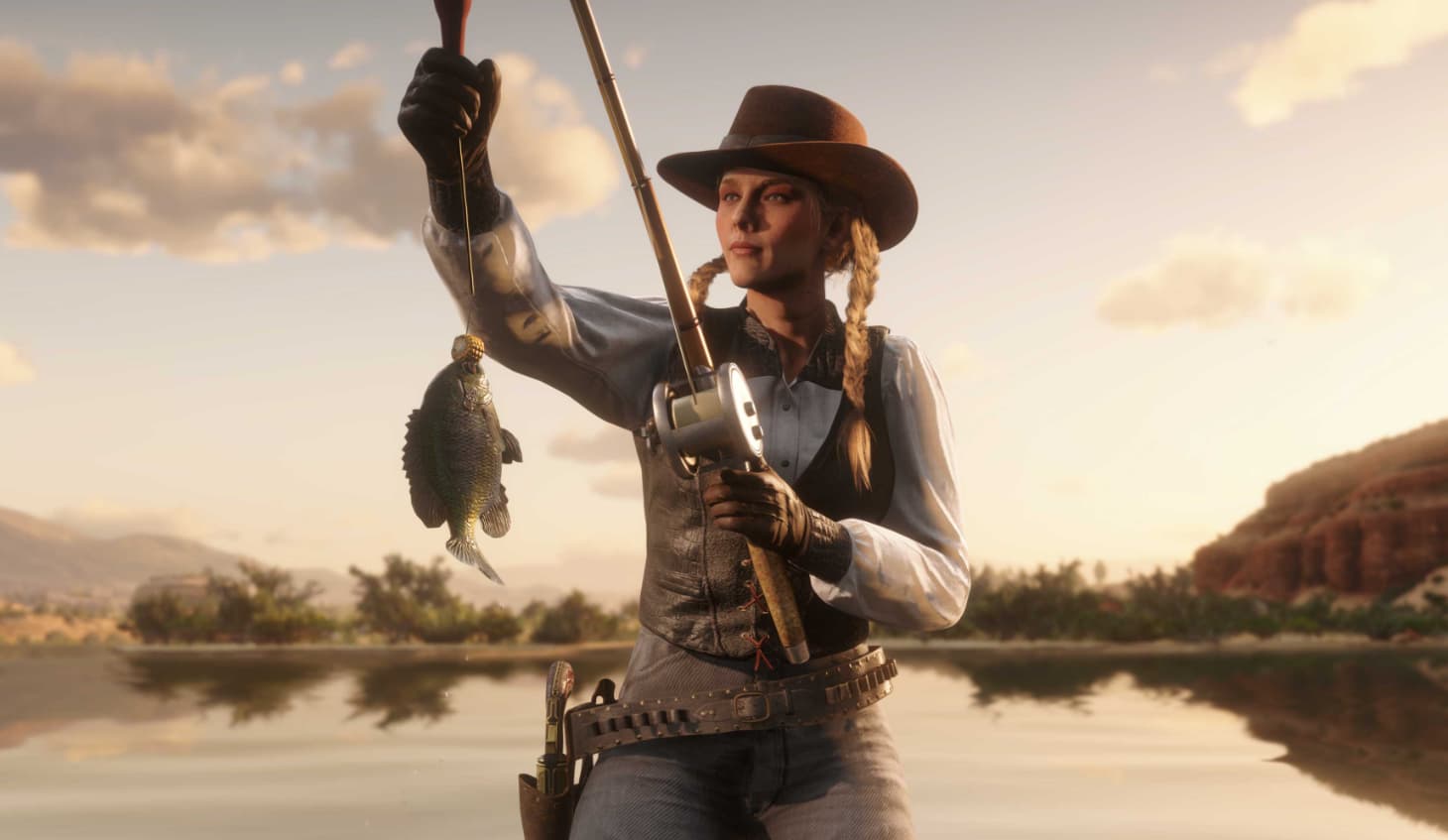 Изображение из Red Dead Online с персонажем, ловящим рыбу