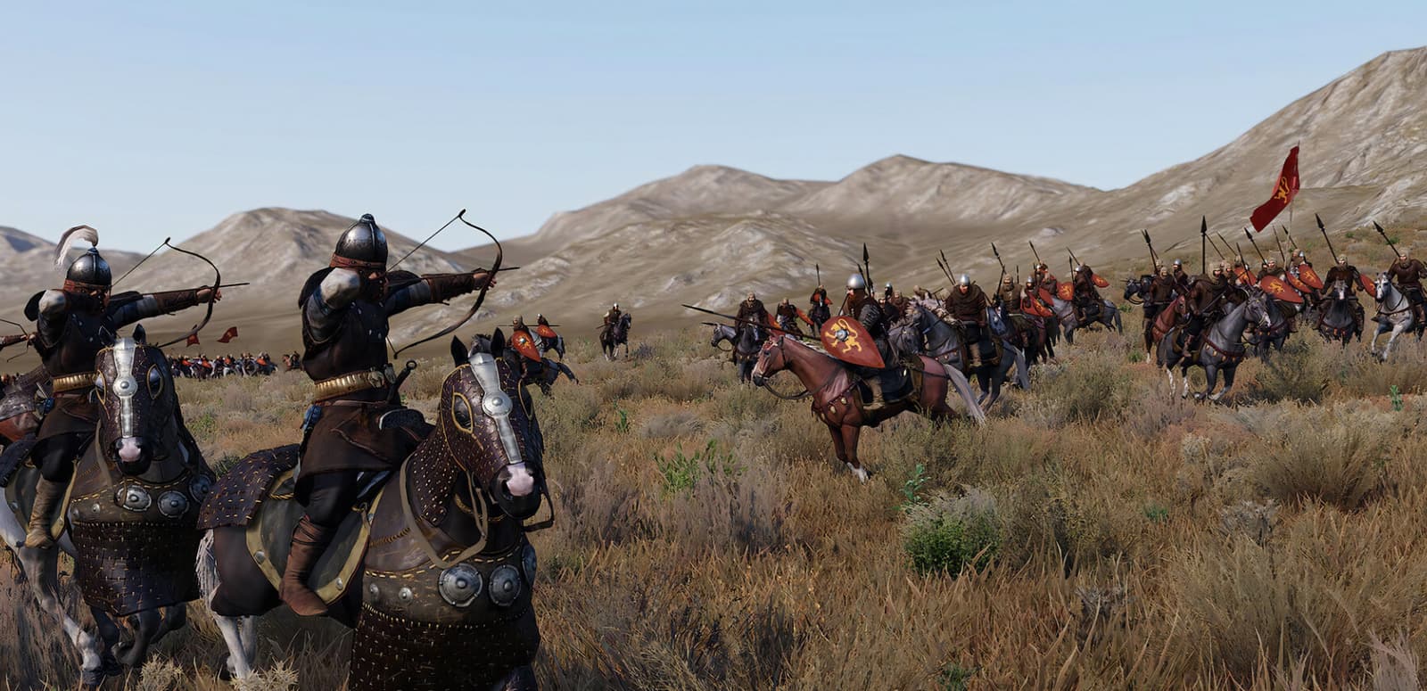 Screenshot of Mount & Blade II: Bannerlord gameplay with multiple characters