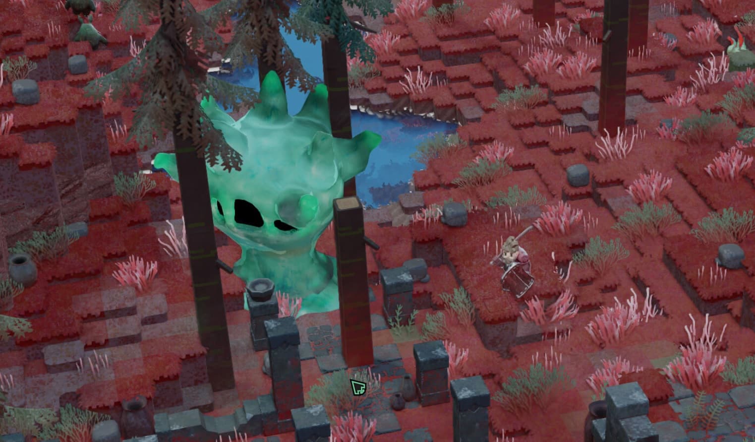 Direland gameplay screenshot showing character in a pixelated world with large creatures