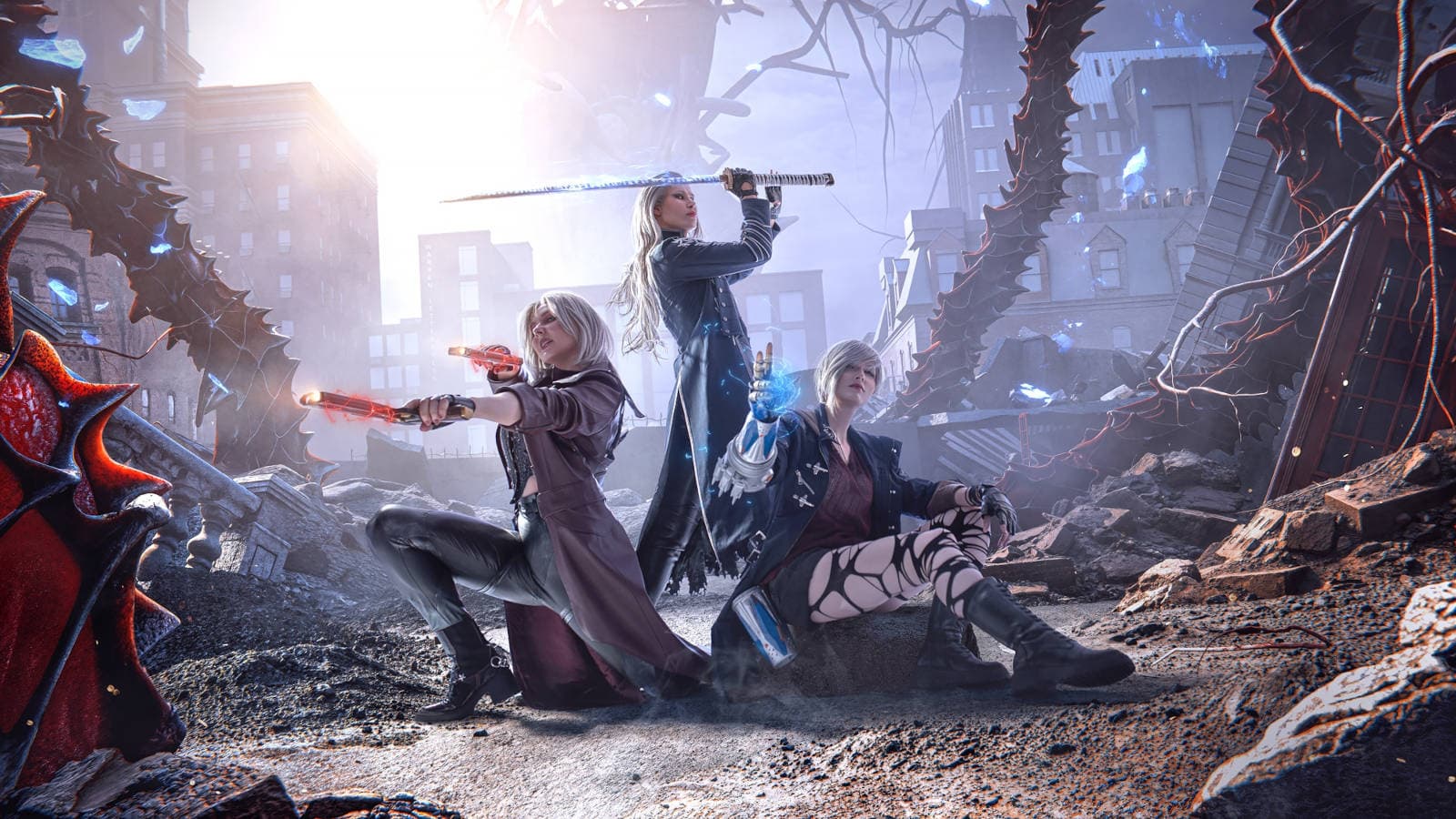 Group cosplay featuring female Vergil, Dante, and Nero