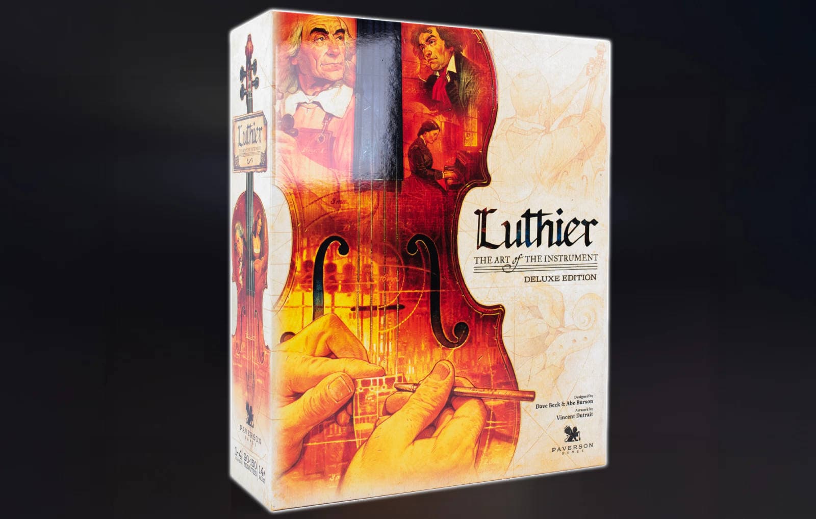 Luthier board game cover art, depicting people in 18th century attire and musical instruments.