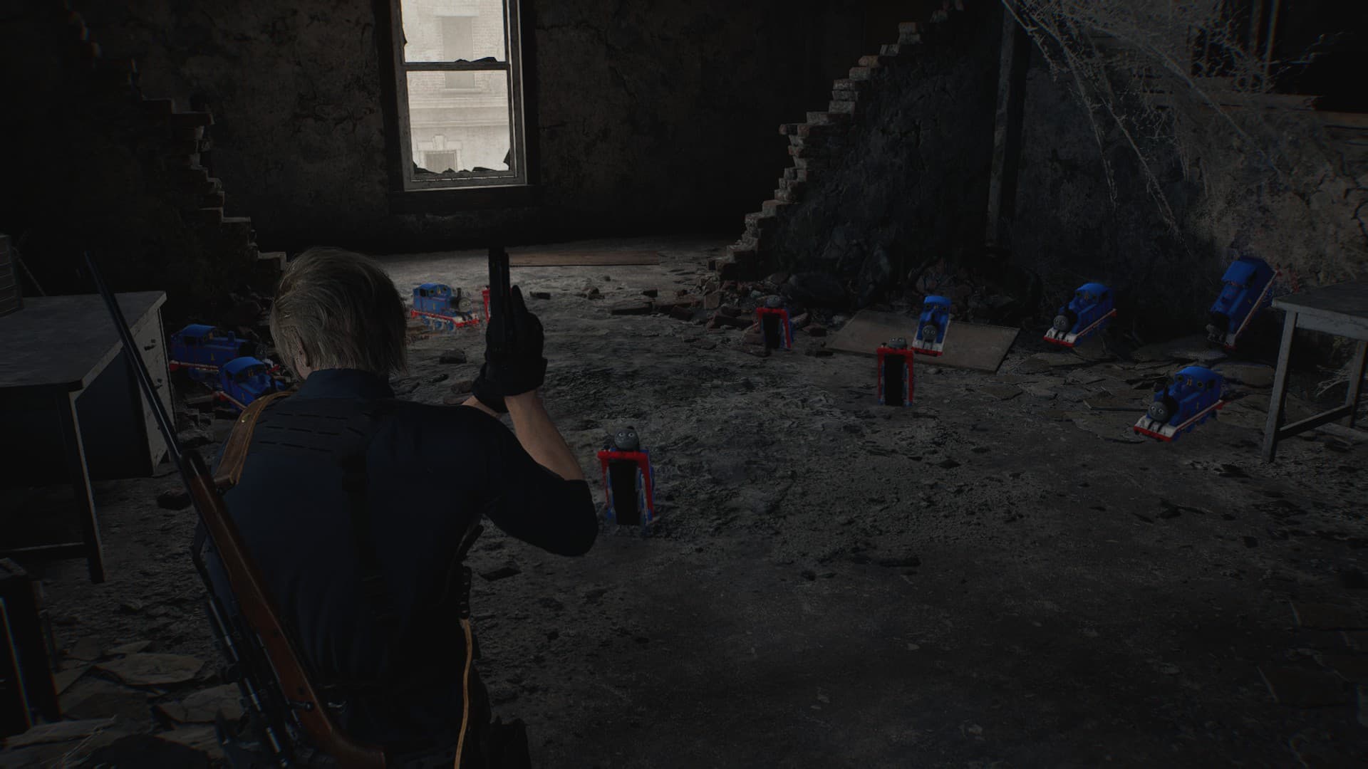 Скриншот из игры Resident Evil Requiem с паровозиком Томасом