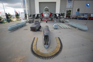 Modernized Yak-130M combat trainer aircraft with new radar and defense system presented at Dubai Airshow
