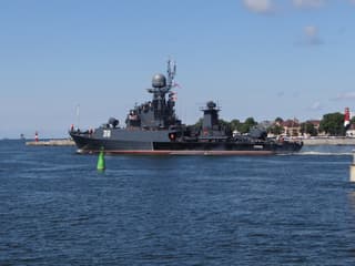 MPK "Aleksin" fired artillery mounts at a warship of a mock enemy in the Baltic Sea