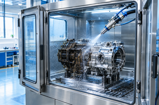 Unique chamber for cleaning engine and hydraulic parts: NSTU washes away dirt without cutting metal