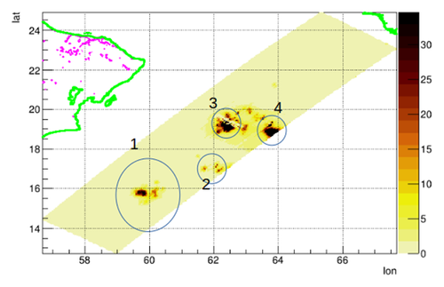 Ejemplo de un mapa de radiación UV sobre un área de pesca activa