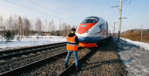 Tren "Sapsan" durante las pruebas del sistema de seguridad a bordo para la linea ferroviaria de alta velocidad