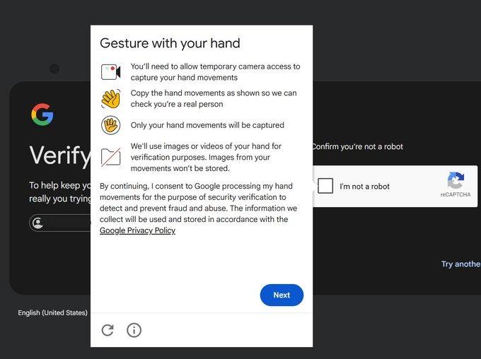 Google тестирует биометрическую CAPTCHA с жестами рук Тестирование биометрической капчи Google