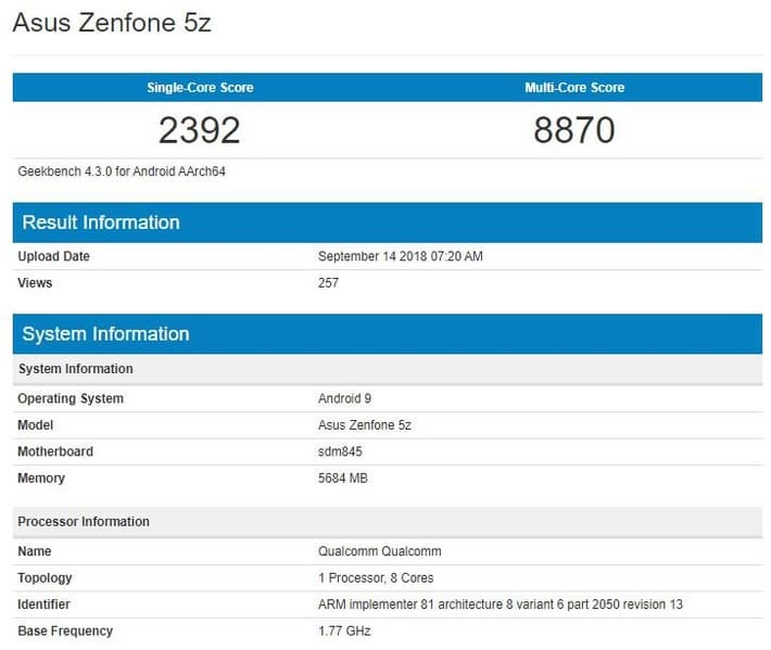 Asus Zenfone 5z протестирован в Geekbench c Android 9