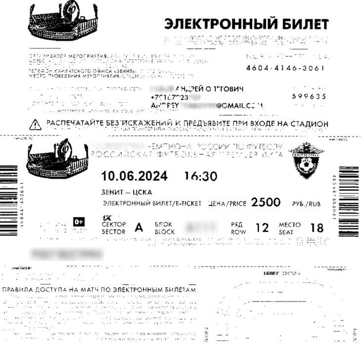 Образец фальшивого электронного билета, который приходит жертве