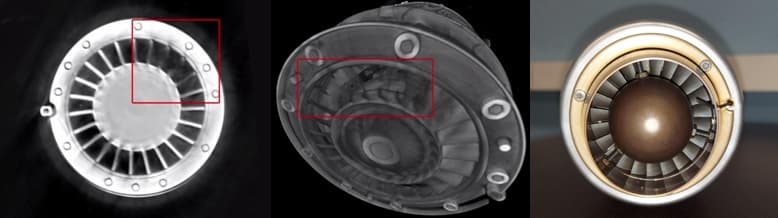Фото двигателя, 2D-срез и 3D-изображение двигателя с существенными искажениями