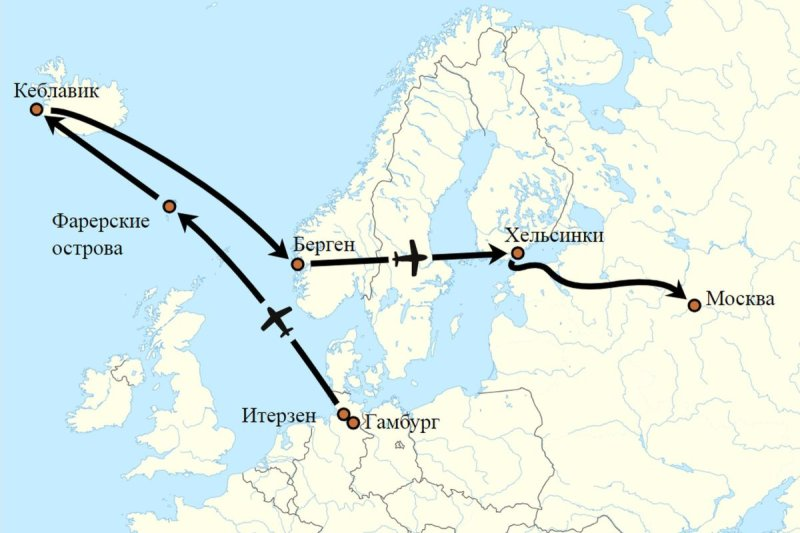 Маршрут перелёта Руста в 1987 году