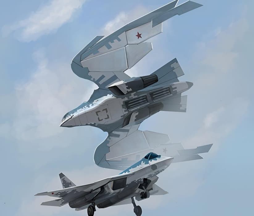 Иллюстрация Су-57 в связке с БПЛА С-70 «Охотник»