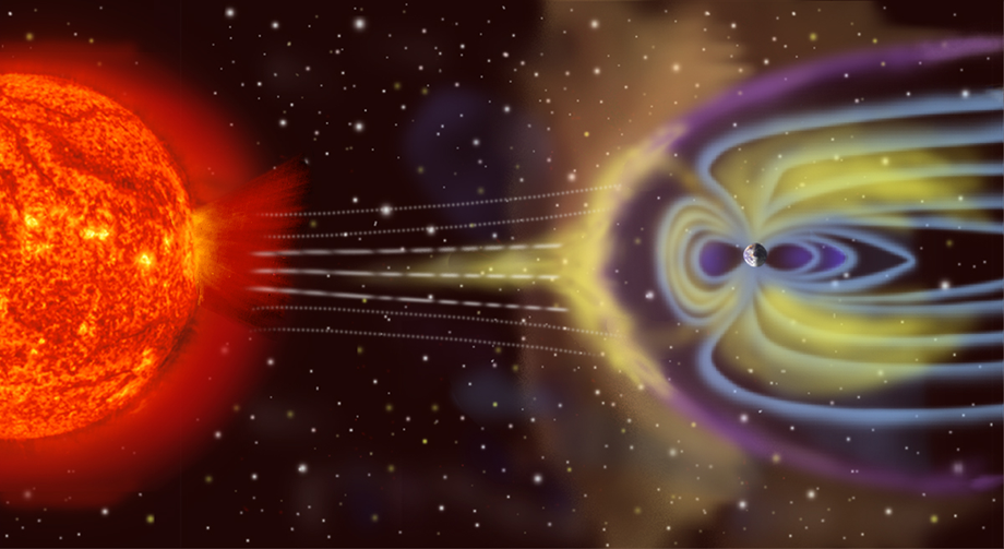 Artistic representation of the solar wind and the Earth's magnetosphere
