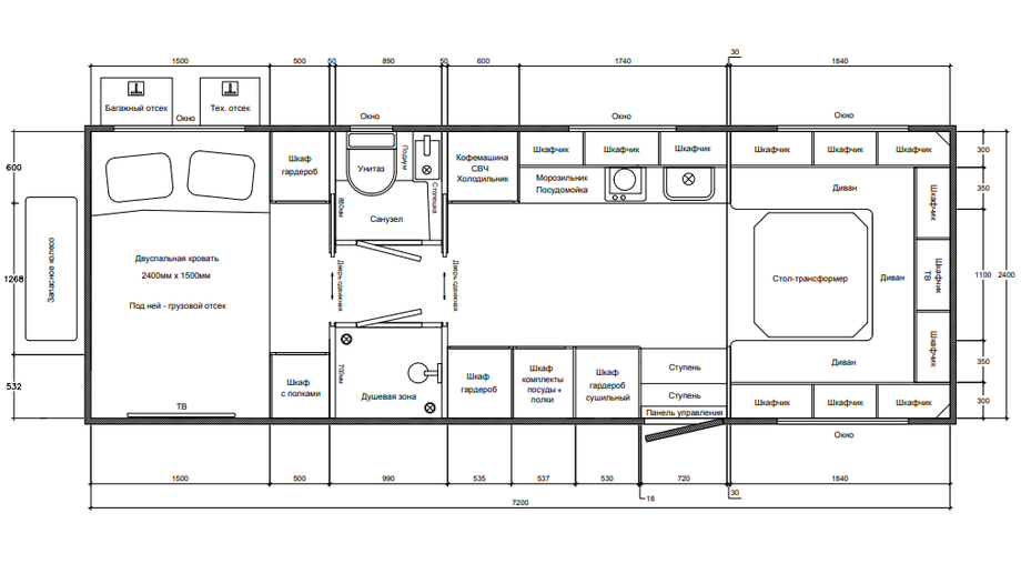 Подробная схема автодома. На ней видно, что стол в планировке — трансформер. Производитель указывает 4 спальных места, и, видимо, это как раз та зона, что сможет обеспечить после трансформации ещё двум людям пространство для горизонтального отдыха