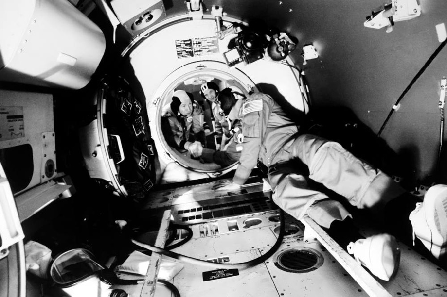 "Handshake in Space." On the right is Thomas Stafford, on the left is Alexei Leonov