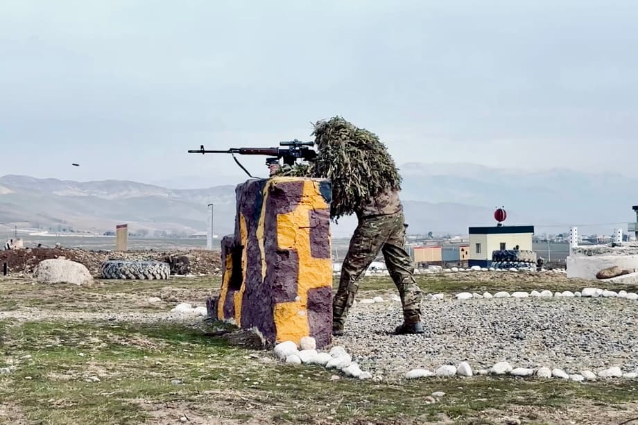 Russian snipers training at a training ground in Tajikistan