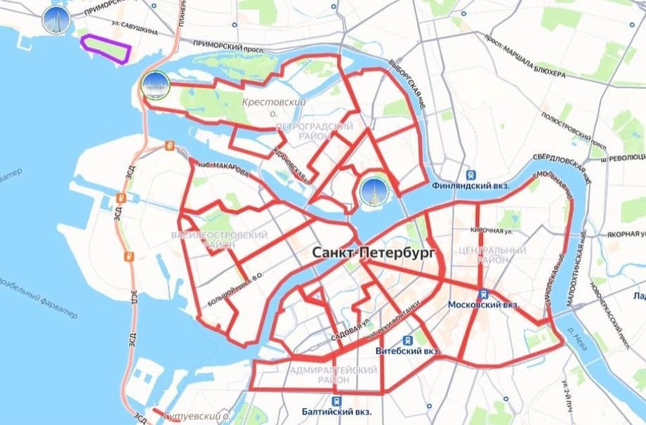 Красным цветом обозначены границы зон, где движение курьеров на СИМ будет ограничено