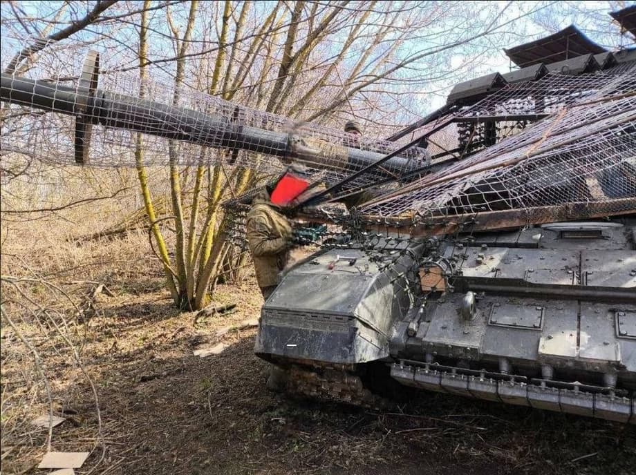T-72B3 with an anti-drone grid on the gun barrel