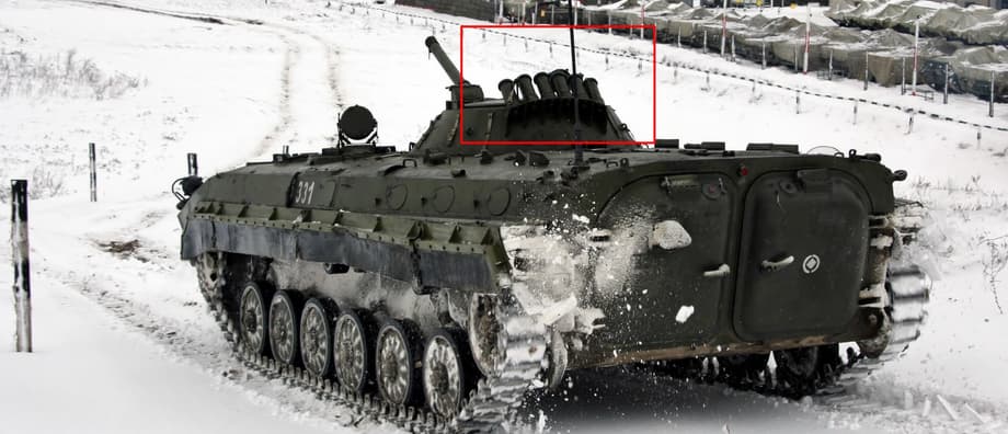 Seis lanzadores del sistema "Tucha" en la torreta del BMP-1P