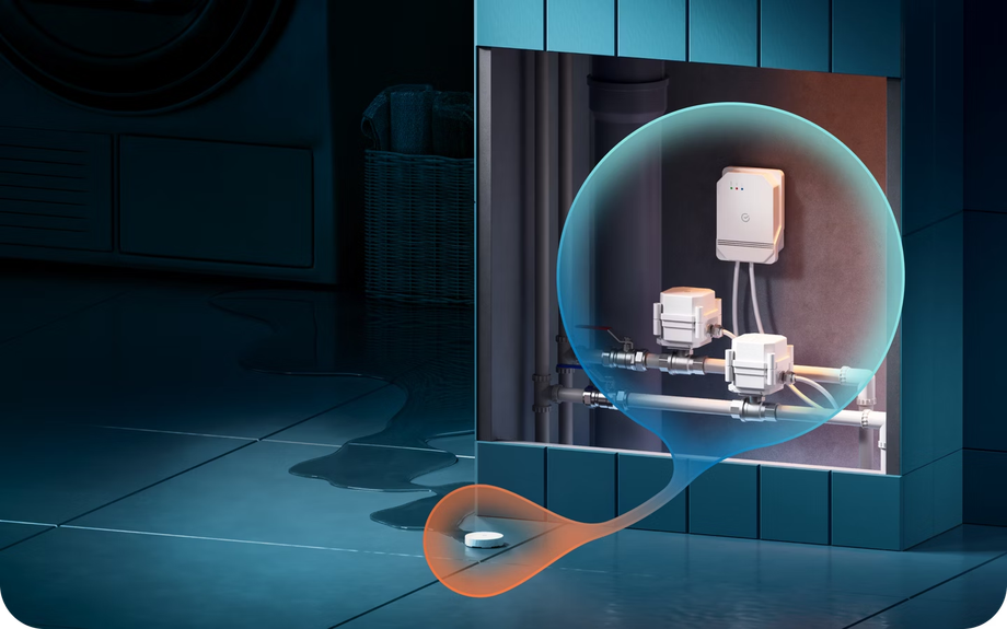 Датчик системы защиты Sber сигнализирует о протечке, после чего шаровые краны автоматически перекрываются за 15 секунд