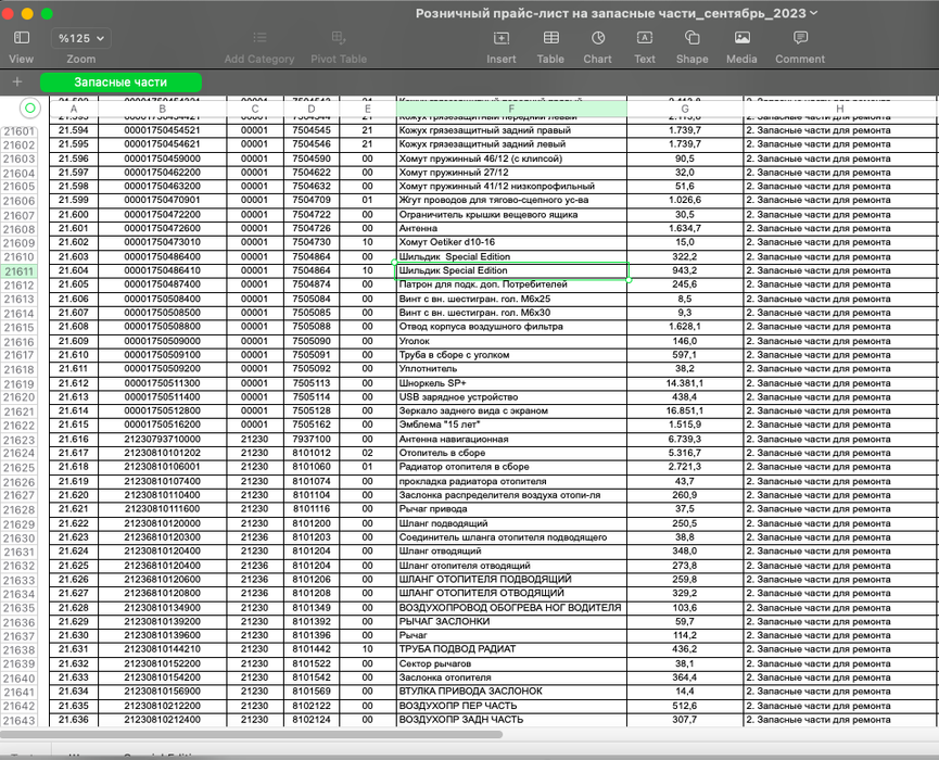 Скриншот каталога сентябрьских розничных цен