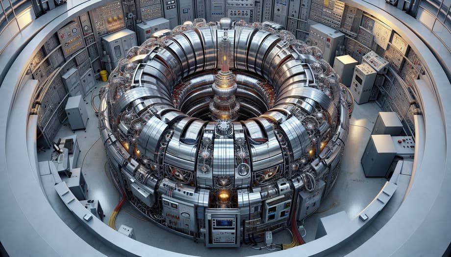 В камере токамака энергия, возникающая при слиянии атомных ядер, поглощается стенками вакуумной камеры в виде тепла