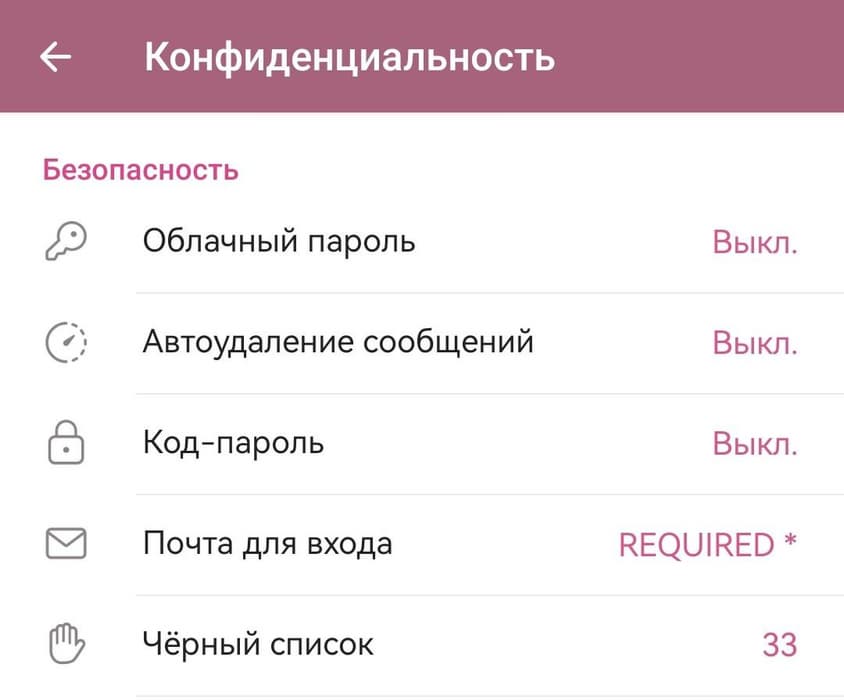 Вкладка настроек конфиденциальности&nbsp;Telegram