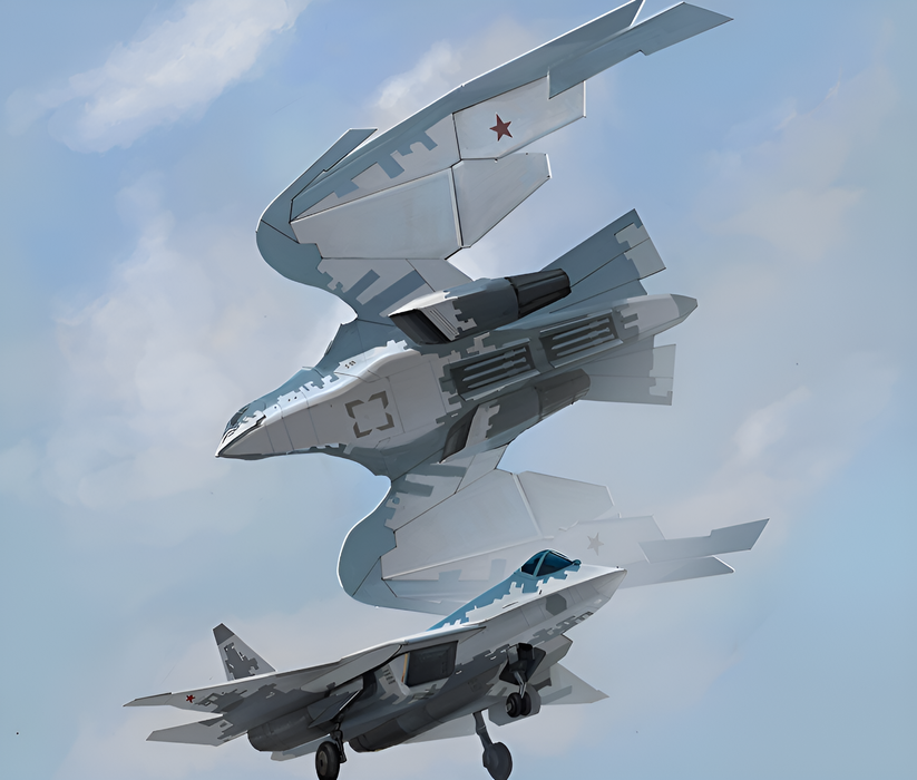 Иллюстрация связки Су-57 с БПЛА С-70 «Охотник»
