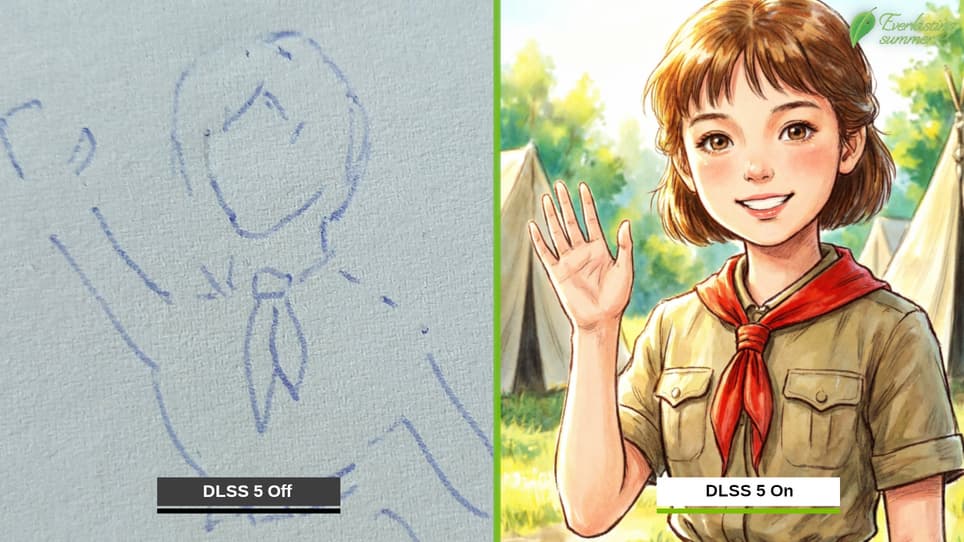 (Плохой) рисунок ручкой → ИИ-стилизация на основе рисунка. Иллюстрация редакции. Логотип игры Everlasting Summer принадлежит Soviet Games.