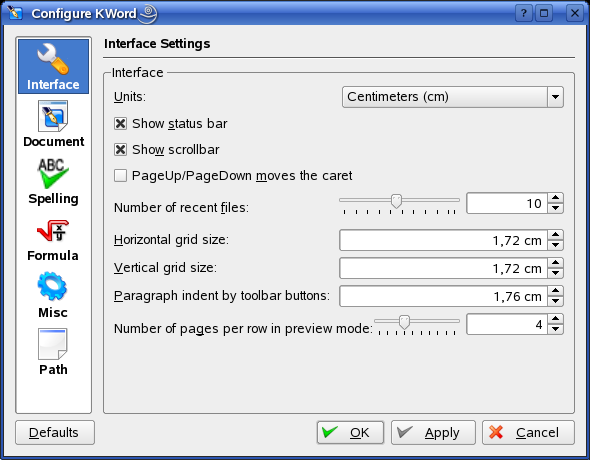 Окно настроек KWord