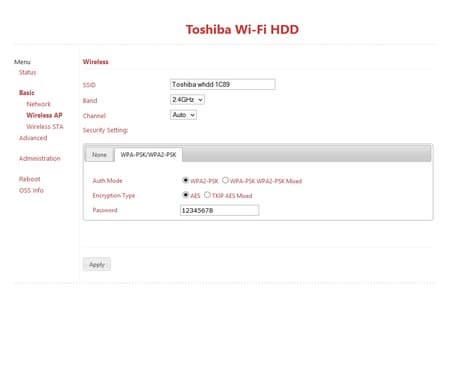 Веб-интерфейс Toshiba Canvio AeroCast