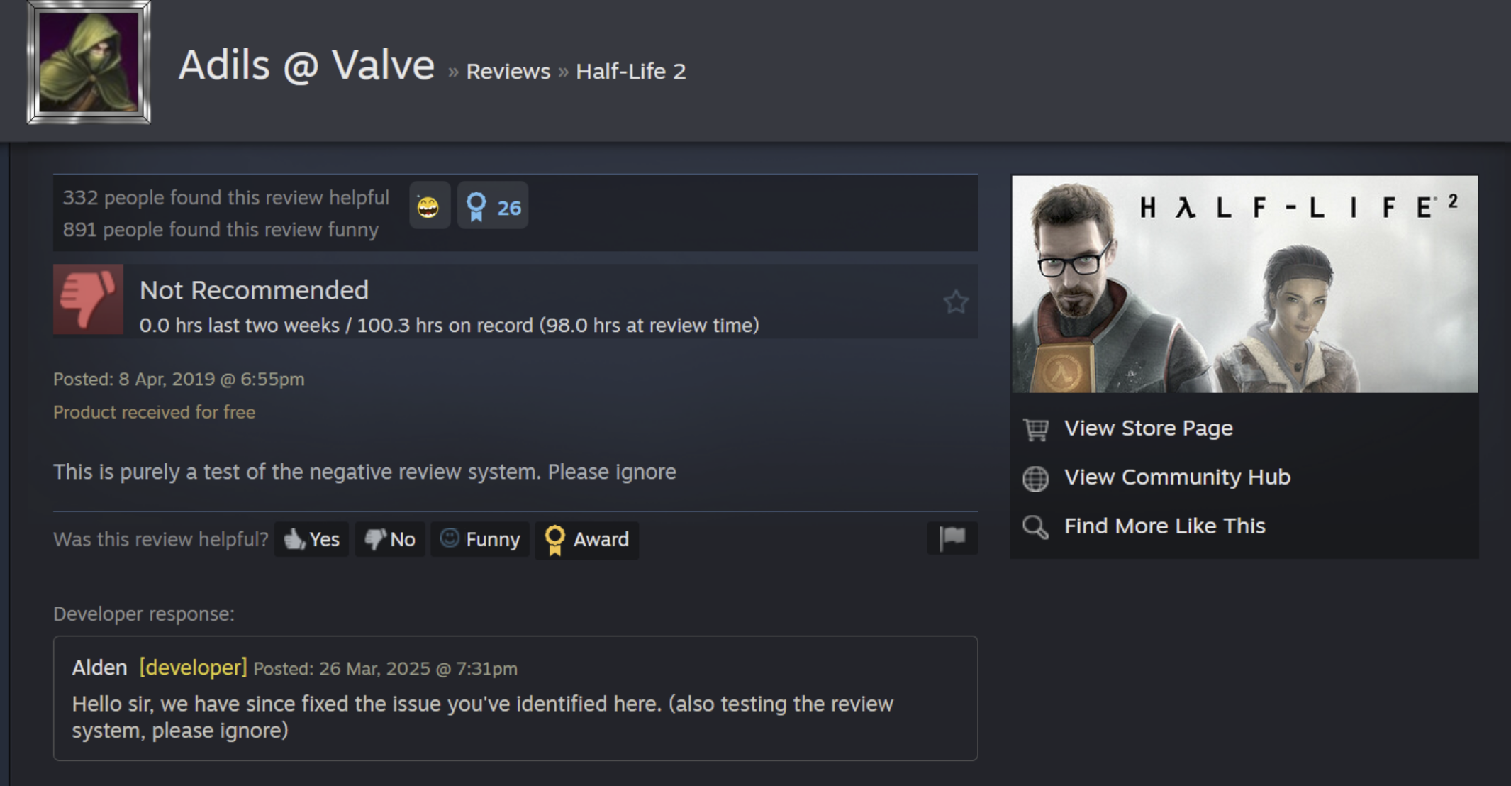 Screenshot depicting the peculiar review exchange between two Valve employees
