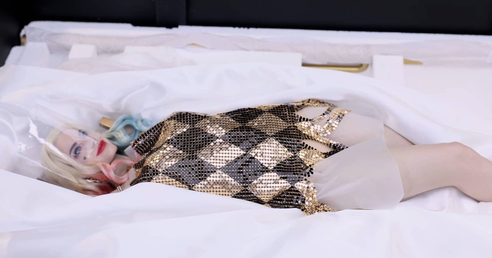 Close-up of Harley Quinn statue's face