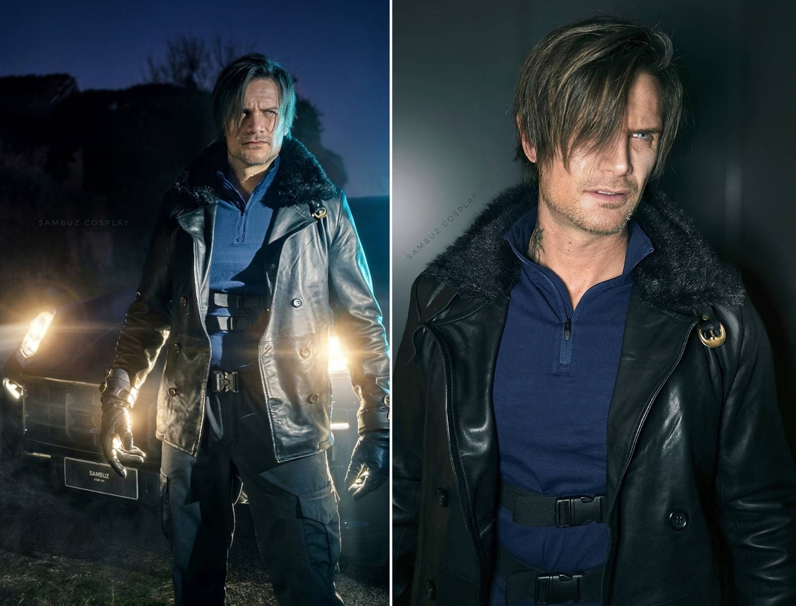 Leon Kennedy cosplay by SambuZ in an action pose, ready for combat.