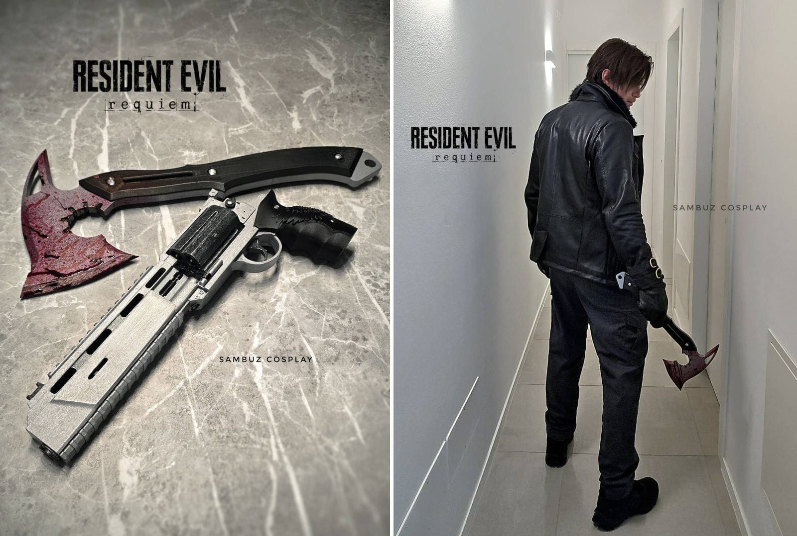 Full body shot of SambuZ as Leon Kennedy, showing his tactical gear and athletic build.
