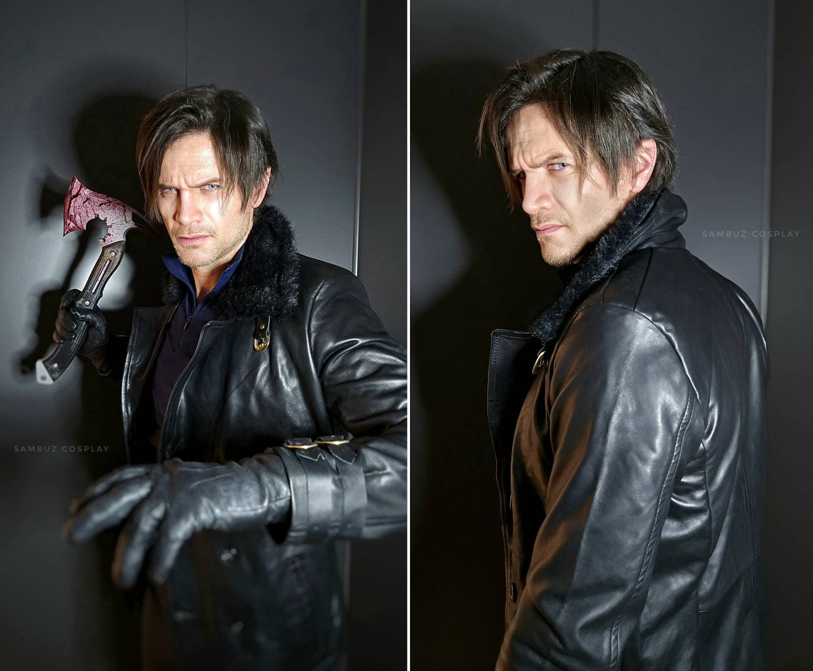 SambuZ in Leon Kennedy cosplay, featuring a profile shot highlighting the character’s mature appearance.