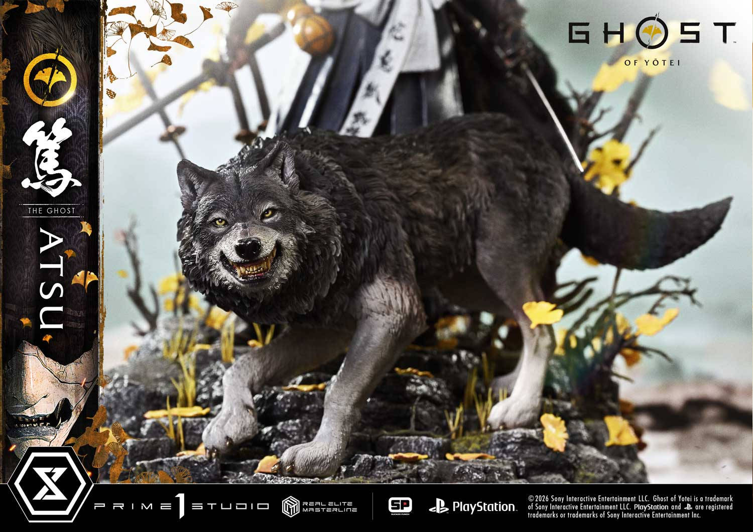 Atsu statue with interchangeable head and wolf base