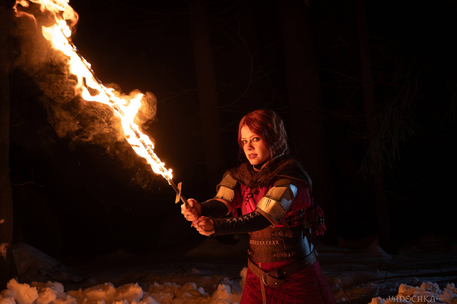 Close-up of Cerys an Craite cosplay, showing facial features and armor details