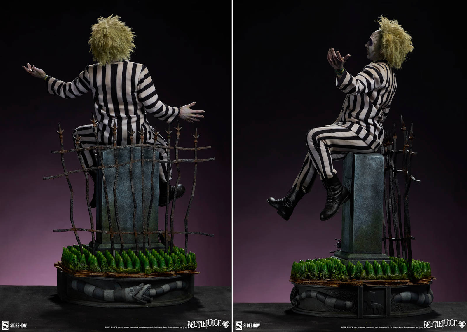 Beetlejuice statue holding "The Handbook for the Recently Deceased" with a fly on his nose.
