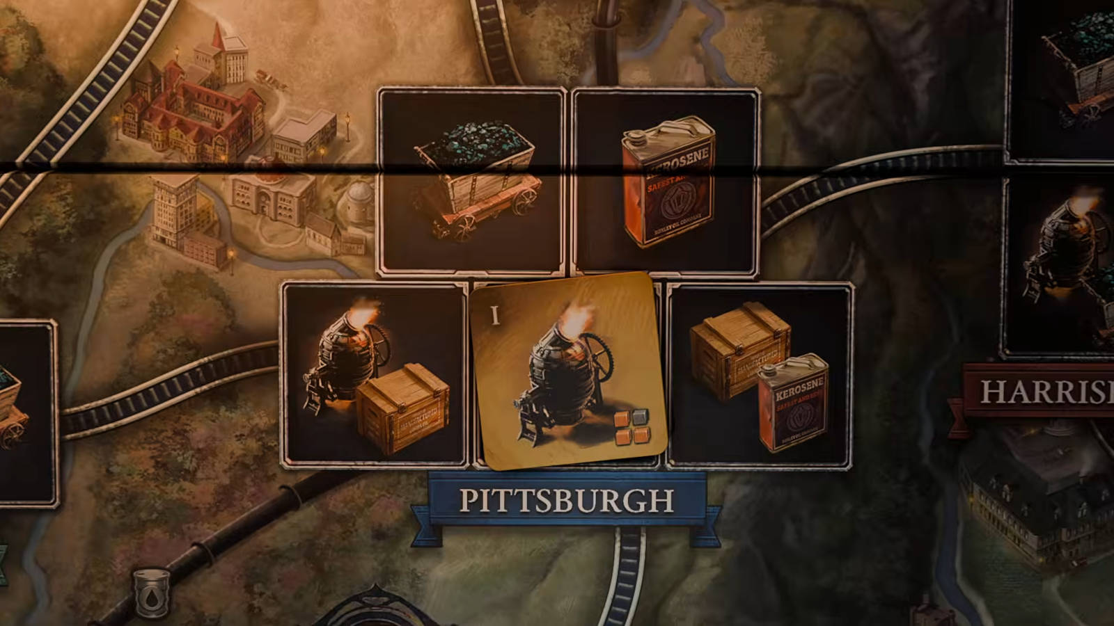 Detailed game tiles and tokens from Brass: Pittsburgh
