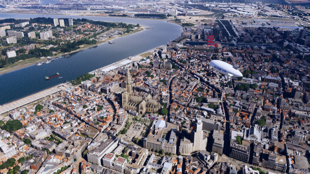 Screenshot from MSFS 2024 showing the city of Antwerp