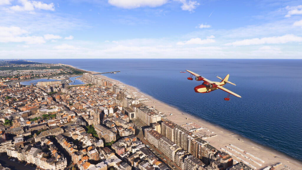 Screenshot from MSFS 2024 showing the city of Blankenberge