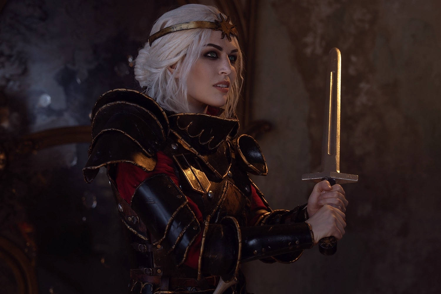 Empress Ciri cosplay, looking directly at the viewer with an intense and powerful gaze.
