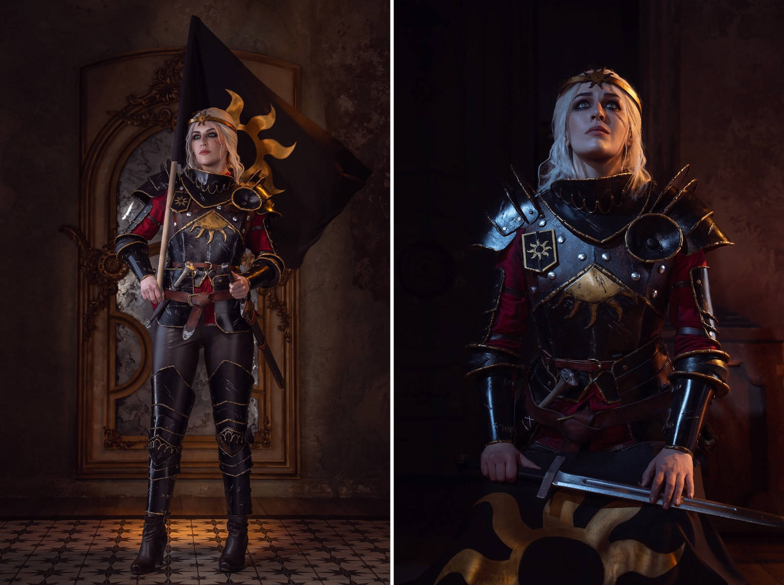 Empress Ciri cosplay striking a regal pose with her sword held gracefully.